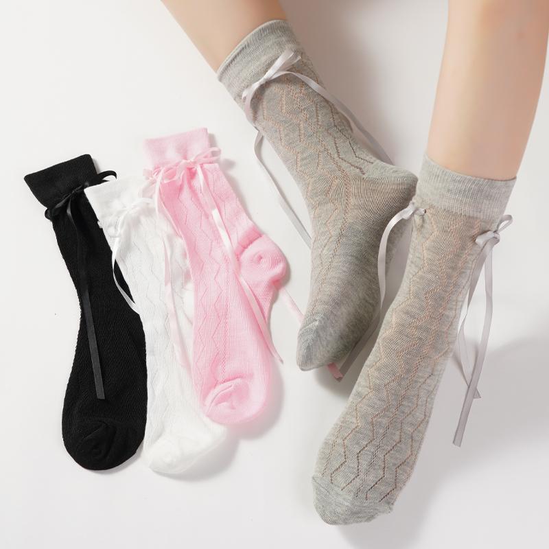 

Long Women s Socks High Quality Solid Color Bow Sweet Socks Femme Mesh Hollow Out Cute JK Ladies Ballet Comfortable Loose Socks One size сірий
