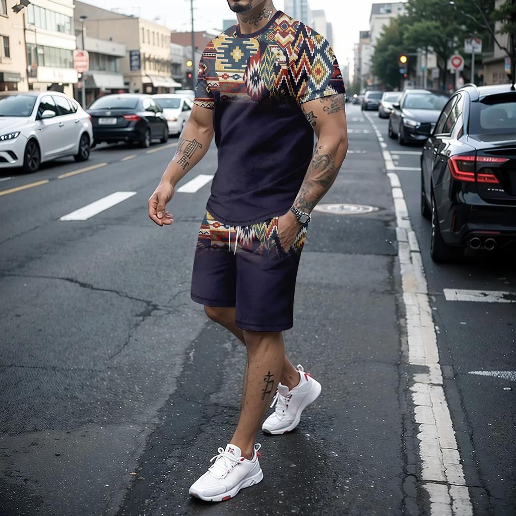 2-piece Men's Color Block Summer Leisure Outfit Set, Digital Print Men's Short Sleeve T-shirt & Drawstring Shorts With Pockets