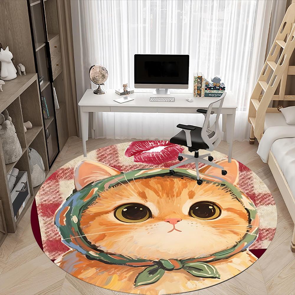 1PC Cat Scarf Office Round Area Rug,  Mat Suitable ForOffice, Under Office Chairs Bedroom Living Room Home Decor, Room Deco