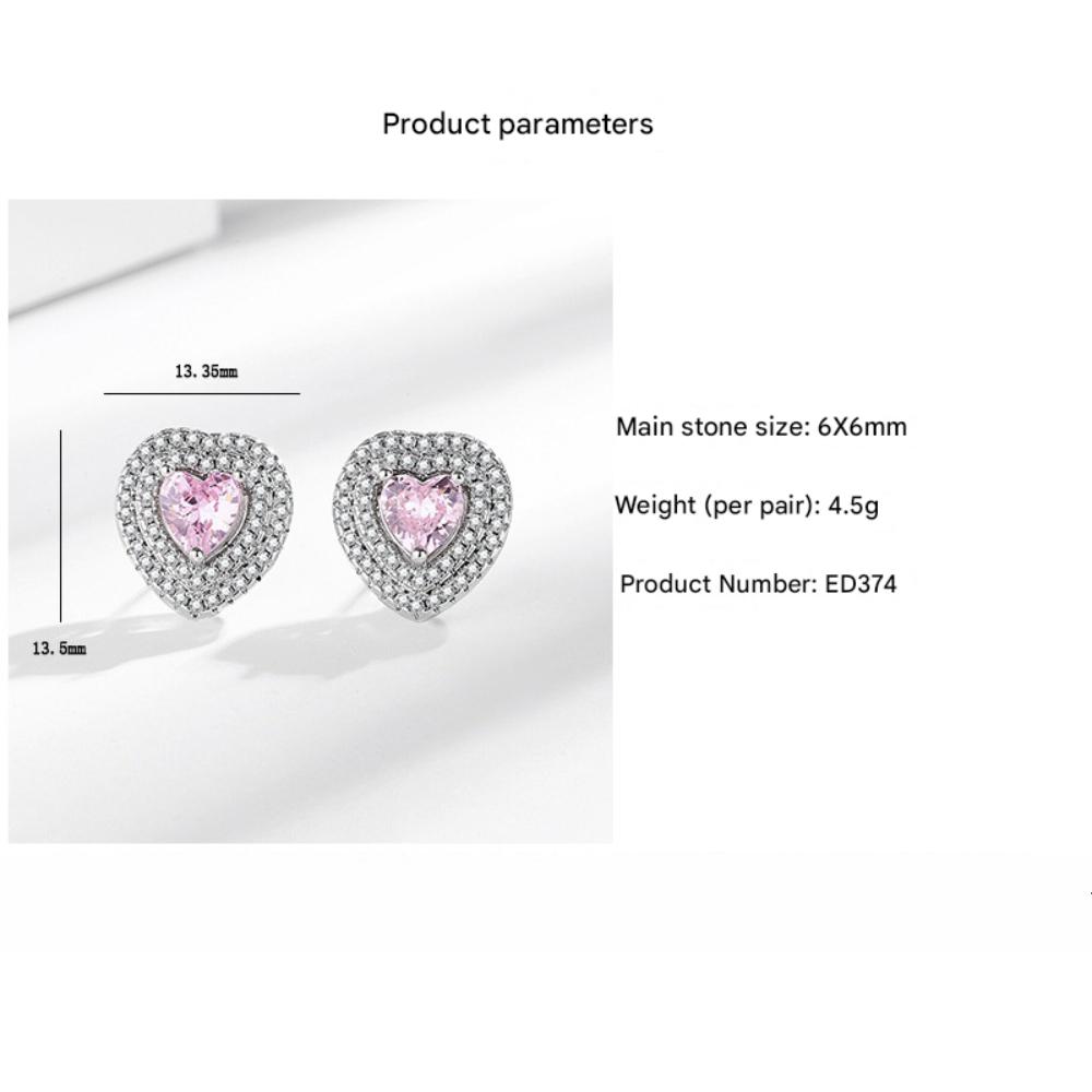925 Sterling Silver Fashion Light Luxury Pink Zircon Love Small Stud Earrings Birthday Party Anniversary Gift