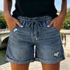 Blugi scurți pentru femei Talie înaltă Tiv rulat Croială dreaptă Denim uzat Talie elastică Șnur Șorturi de vară rupte Hot cu buzunare