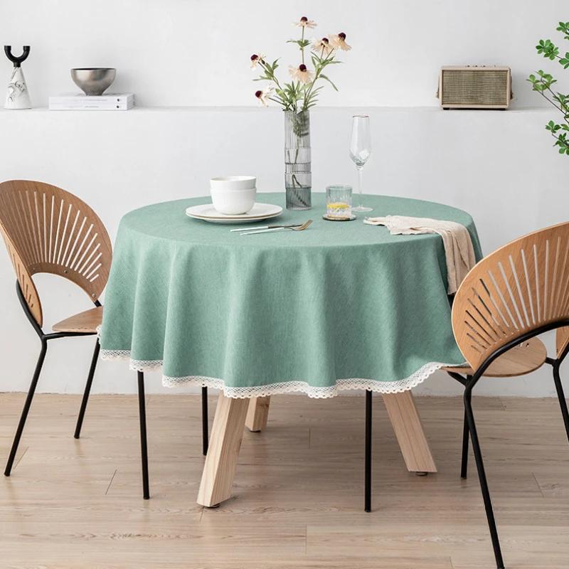 

Large Round Tablecloth Solid Color Cotton Linen Waterproof Table Cloth Oil-Proof Table Cover For Kitchen Garden Restaurant Diameter 120cm зелений
