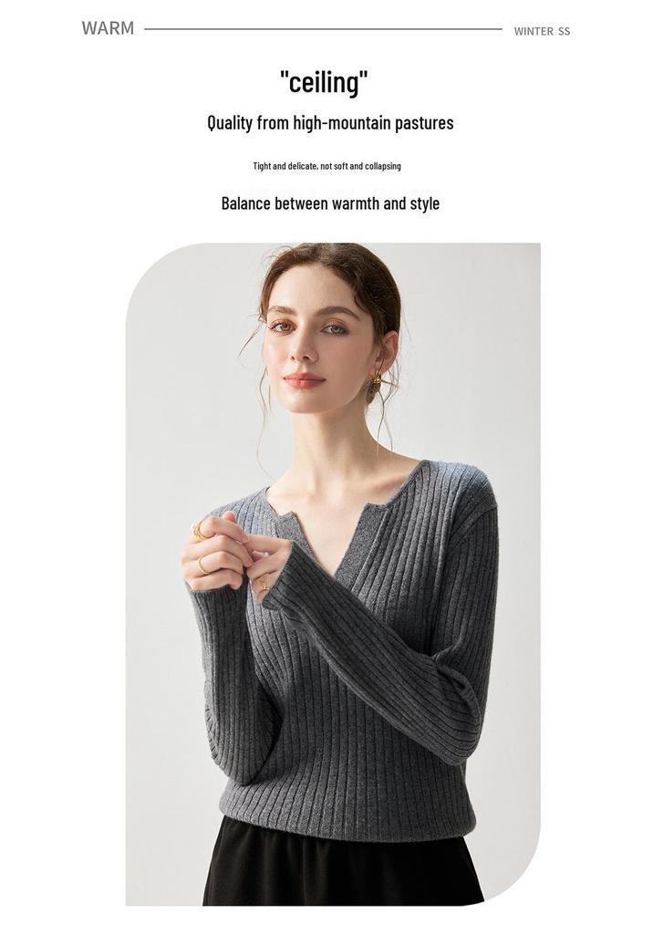 Ribbed Cashmere V-Neck Sweater - Women's Elegant Slimming Pullover for Autumn 2026