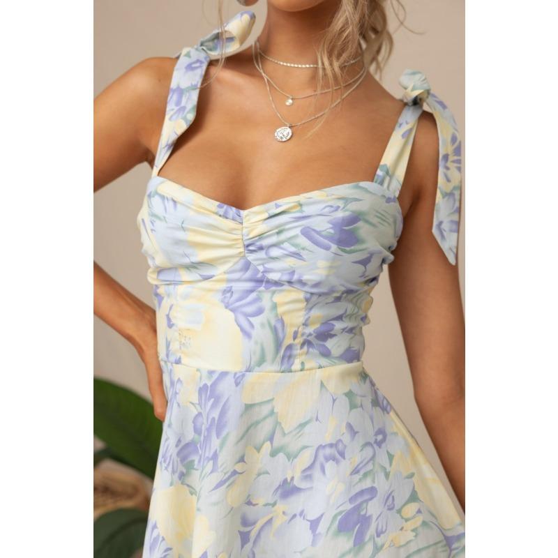 Summer Women's Dress Slim Slim Waisted V-Neck Halter Printed Mid-Length Dress