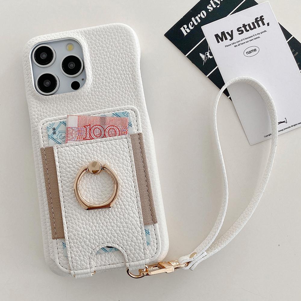For iPhone 14 Pro Case Card Slots Kickstand PU Leather Back Cover with Ring Holder,Wrist Strap