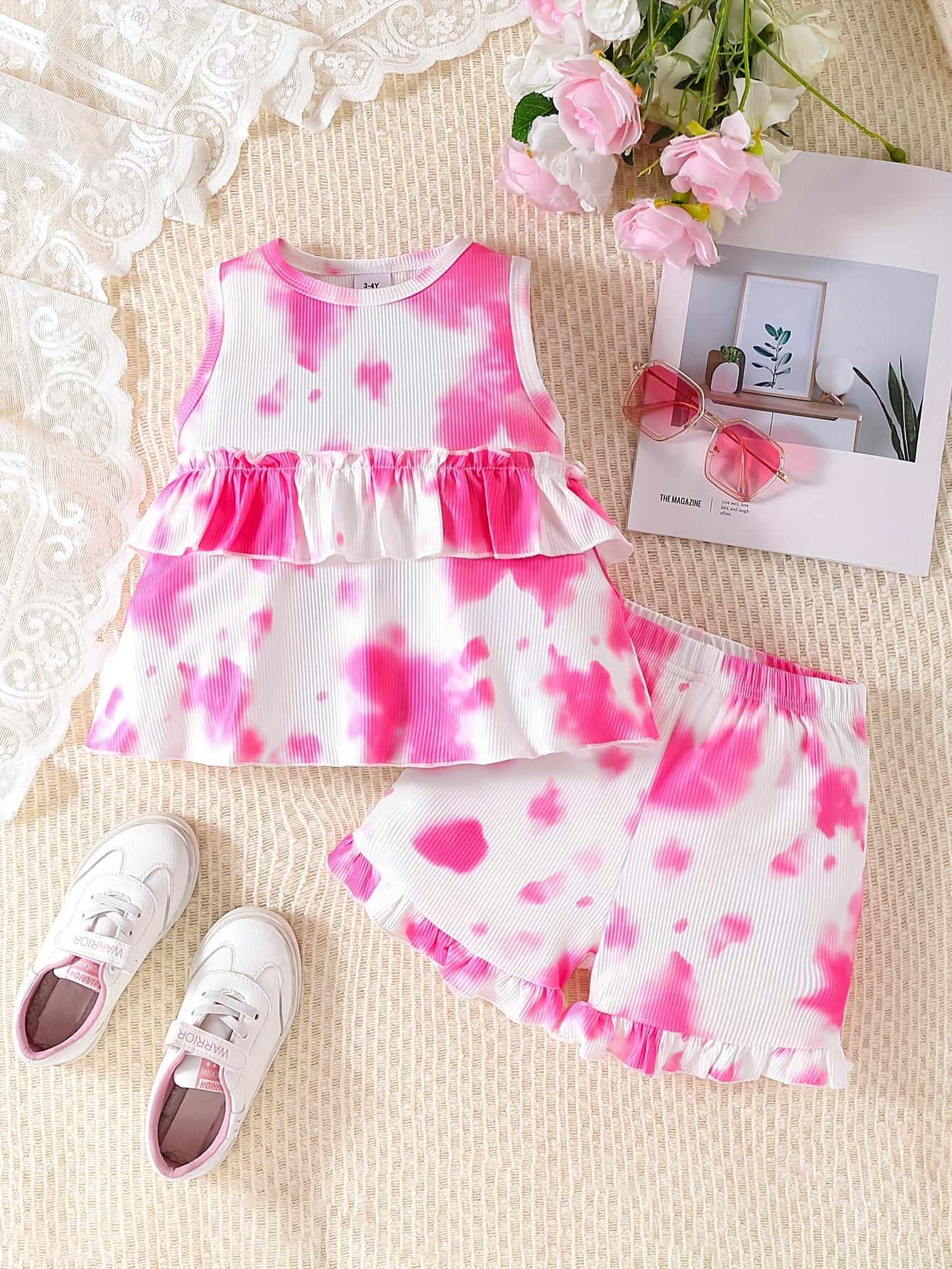 Girls Lady Pink White Tie Dye Short Sleeve Shorts Set 3 7 Years Old Casual Outing Lace Two Piece Outfit 2-3Y розовый