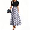 Women's Fashion Casual Belt Short Sleeve Round Neck Retro Printed Splicing Elegant Temperament Dress