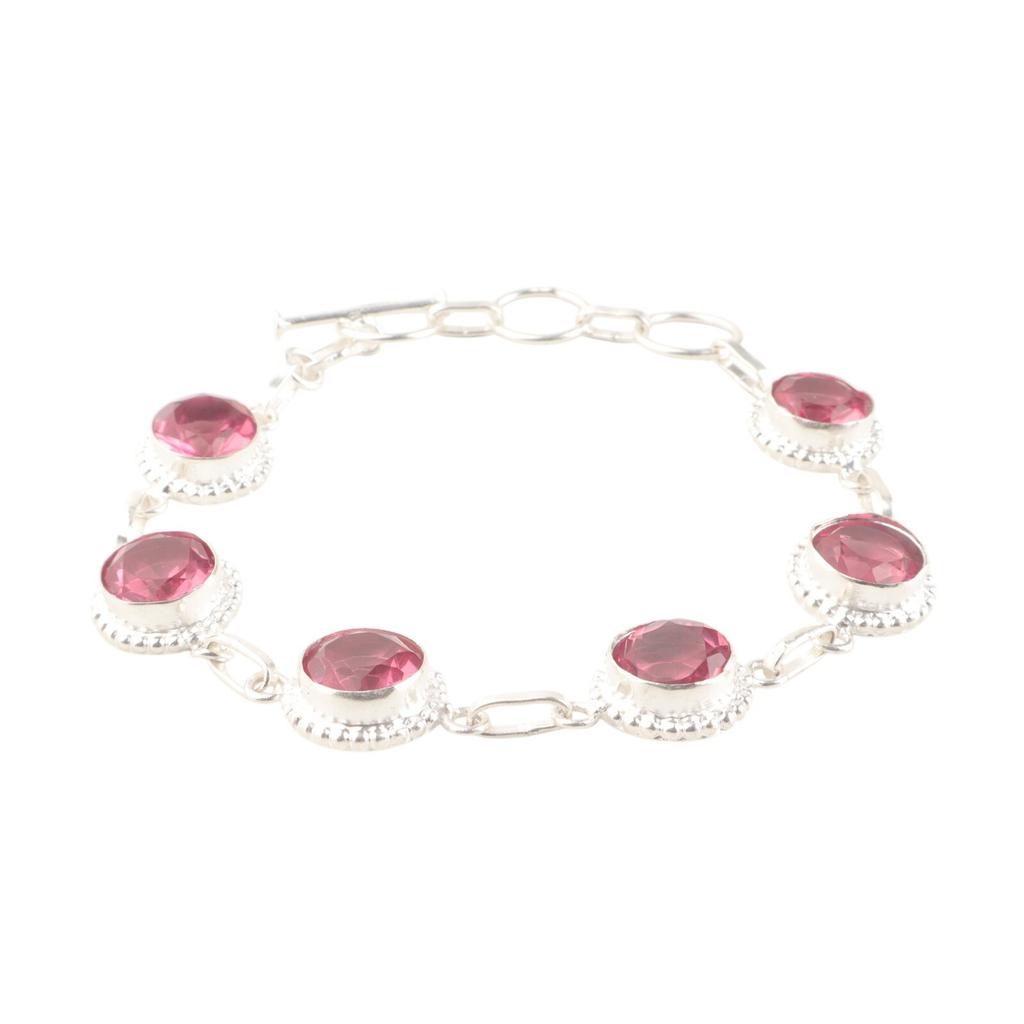 Pulseira Feita à Mão em Prata de Lei 925 com Gema de Turmalina Rosa Joia para Mulheres RB-9-19