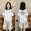 Summer Korean Style Color Block Loose T-shirt for Girls Aged 6-12 - Short Sleeve and Versatile