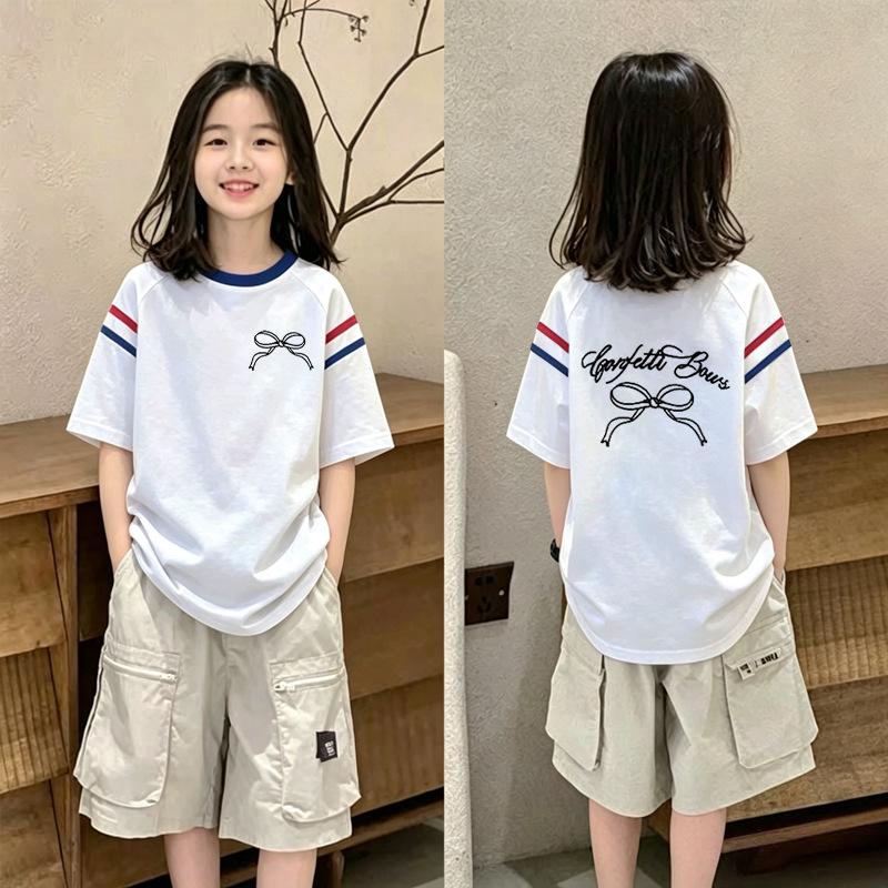Summer Korean Style Color Block Loose T-shirt for Girls Aged 6-12 - Short Sleeve and Versatile