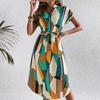 Vacation Style Abstract Print Belted Short Sleeve Women's Dresses