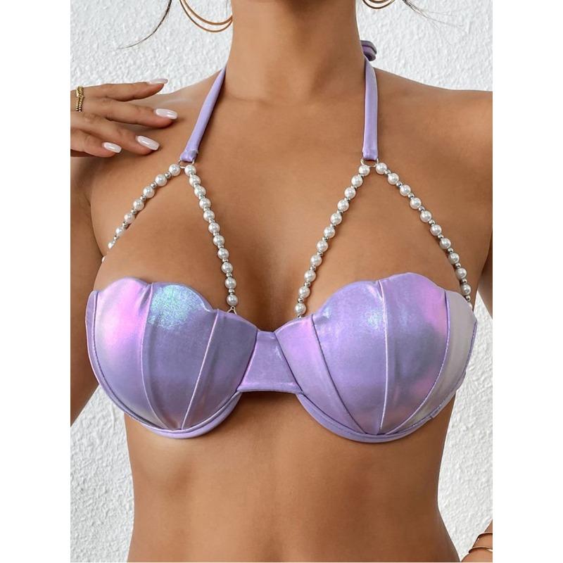 

New European and American Solid Color Shell Single Top Swimsuit Girls Steel Tray Gathering Pearl Lace-up Bow Neck Swimsuit XL темно-фіолетовий колір