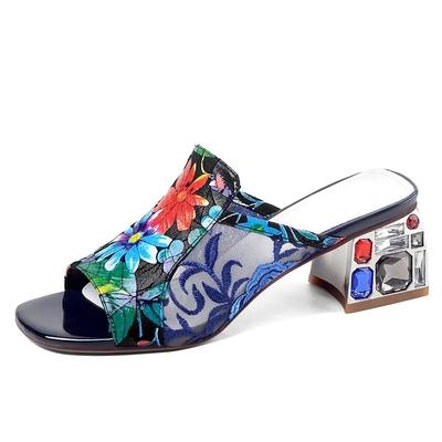  Sandalias Femininas Women Fashion Peep Toe High Quality Slip On Square Heel Sandal Shoes Lady Cute Floral Shoes Ab542