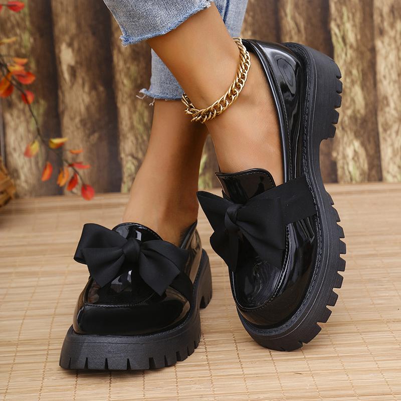 Fashion Women's Bowknot Decor Platform Loafers Fashion Wine Red Patent Leather Dress Shoes Woman Comfort Slip On Flat Shoes Plus Size 43