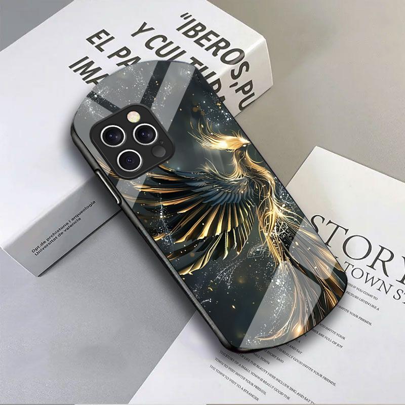 Golden Phoenix Unfolding For IPhone 16 Pro Max 16e 15 Pro 14 13 12 Mini 11 XS Max XR 7 8 Plu SE 22 Elliptical Glass Phone Case