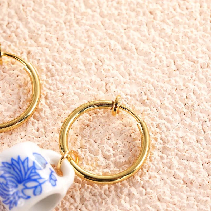 Chinese Style Hand Painted Ceramic Beads Earrings Pentagram Teapot Cup Shape Drop Earrings for Women Classic Designed Jewelry