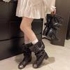 Fashion 2025Square Toe Lace-Up Bow Pleated Fashion Boots Vintage Block Heel Mid-Leg Boots for Women