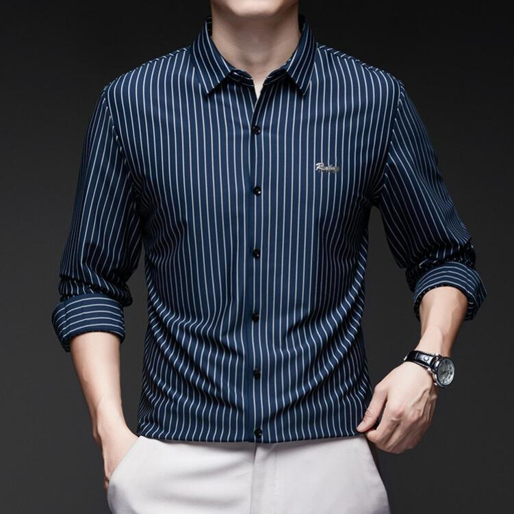 Spring and Autumn Men's Seamless Ice Silk Long-sleeved Shirt, High-end Dad Wear, Non-iron, Anti-wrinkle Casual Striped Shirt