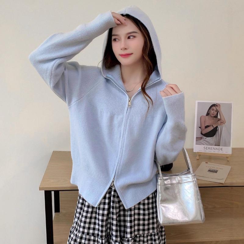 Autumn and winter new loose lazy soft waxy hooded double zipper knitted cardigan women's simple casual versatile sweater jacket