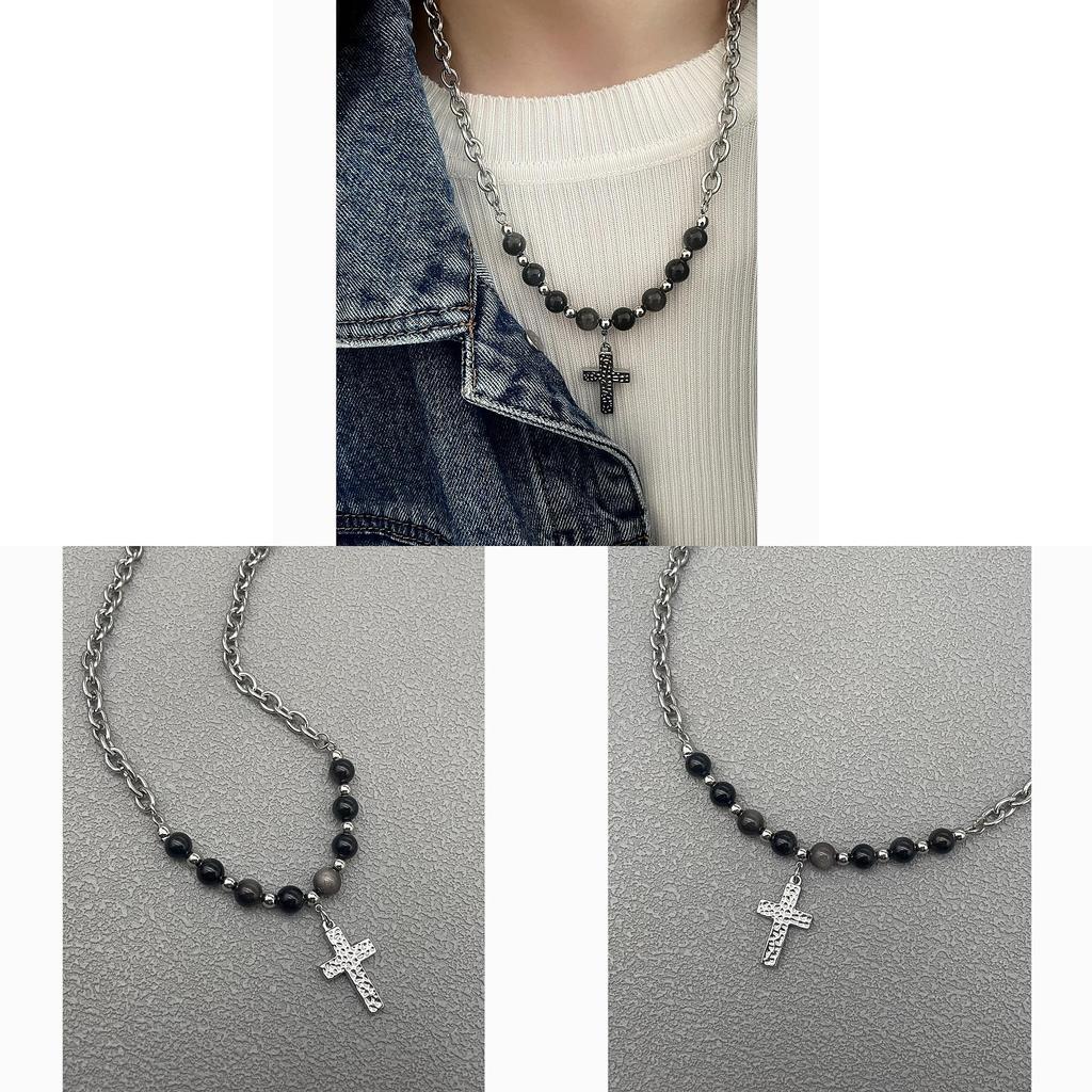 Retro Black Cross Pendant Necklace With Titanium Steel Chain For Street Style Jewelry