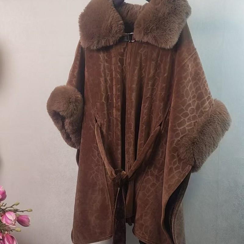 Womens Oversized Knit Cape Coat With Rabbit Fur Trim Collar Warm Fall Winter Outerwear Elegant Loose Fit