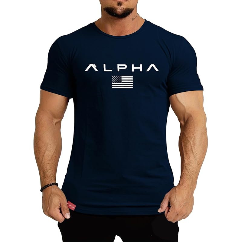 

[X-Jang] Gym t-shirt stretch short sleeve Slender fitness training muscle training sports Fashionable men s quick drying (JP, alphabet, L, navy)