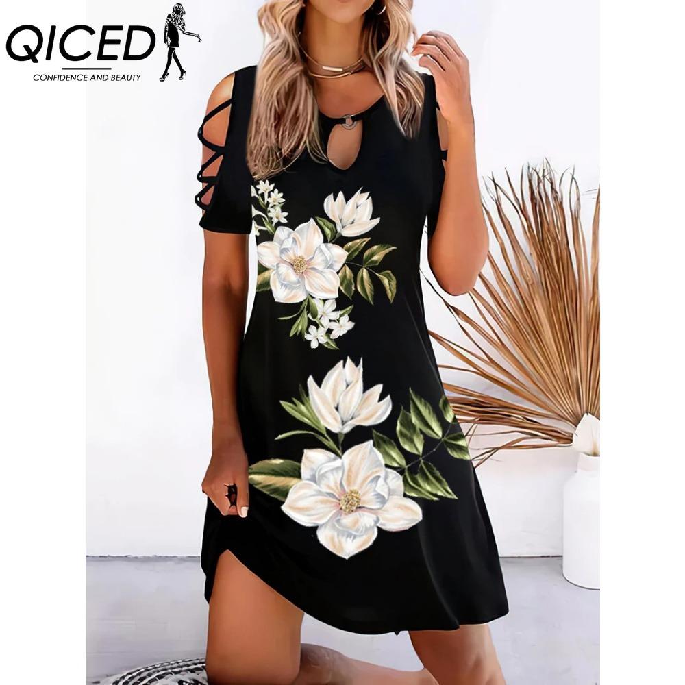 QICED 13 Color Women Floral Print Dress Summer Sexy Short Sleeve O-Neck Mini Dresses Female Vintage Elegant Dress