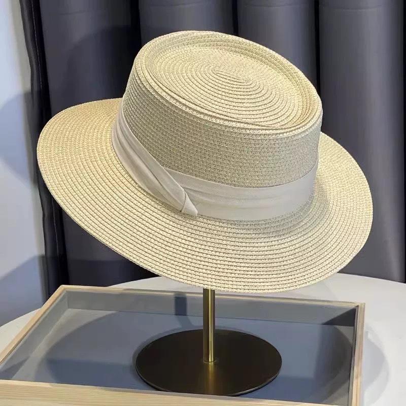 Women's Flat Top French Straw Fedora - Large Brim Summer Sun Hat for Beach Vacation 2025
