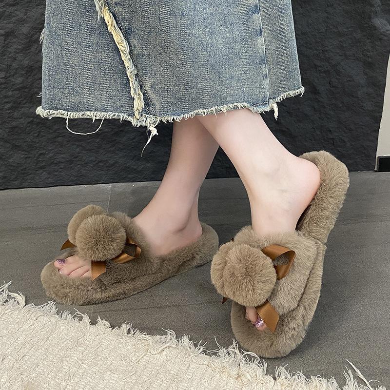 Hairball thick-soled cotton slippers for women's wear new autumn and winter 2025 warm home solid color one-word fluffy slippers
