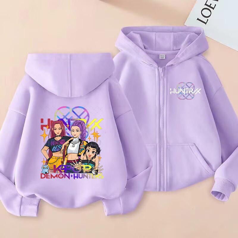 K-Pop Demon Hunters Zip Jacket Rumi Mira Zoey Cartoon Printed Children Clothing Casual Outerwear Hooded Coat Girls Clothes Gift