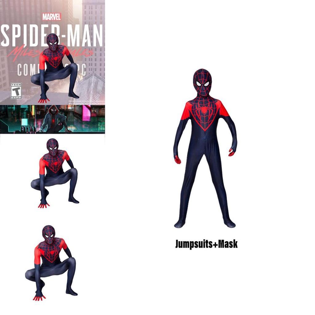 Spider-Man Miles Morales Cosplay-Kostüm für Erwachsene und Kinder, bestehend aus Overall und Kapuze aus Polyesterfaser