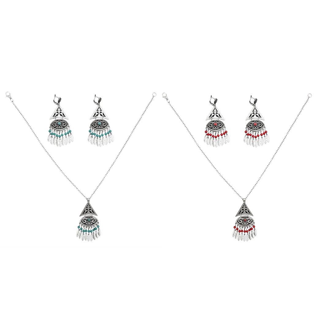 Women's Vintage Bohemian Style Tassel Hook Earrings and Necklace Jewelry Set 74GR