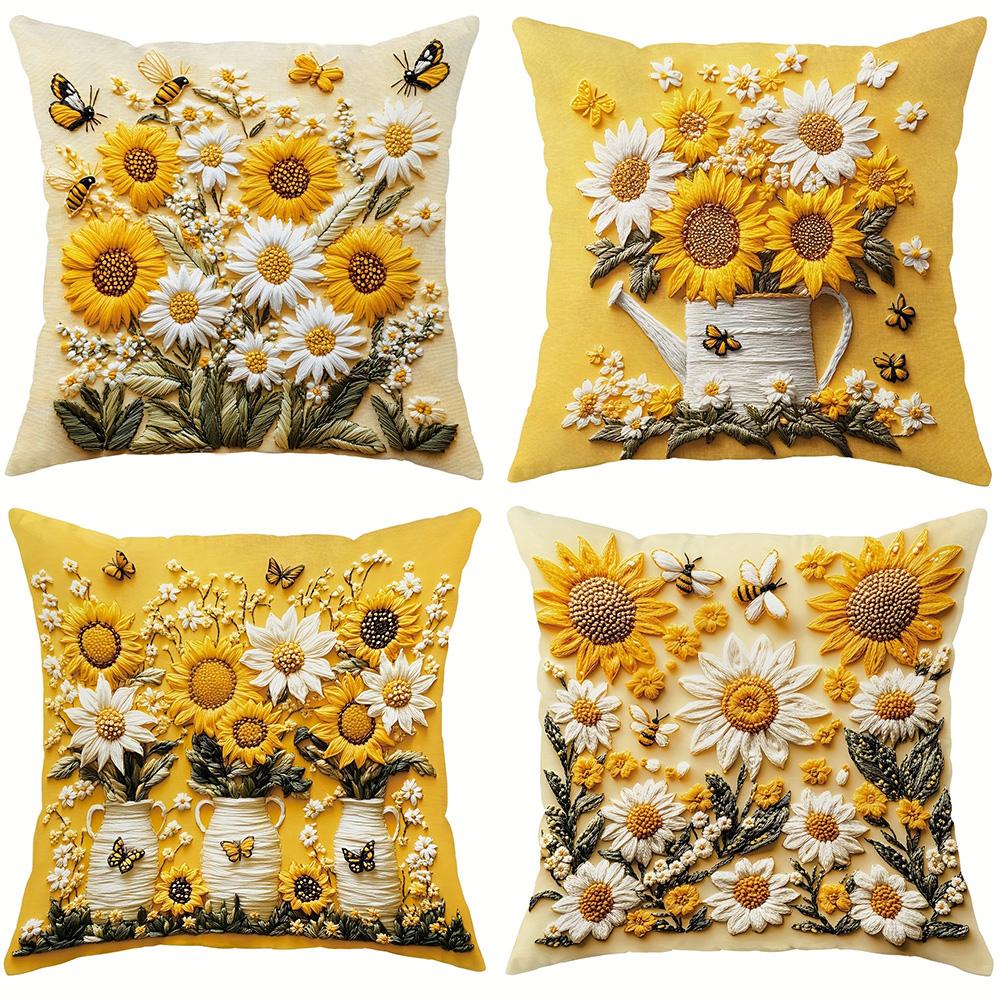 Floral Pillow Covers with Sunflowers, Daisies, Bees, and Butterflies Sofa Cushion Cover Home Room Decoration 2D Flat Printing