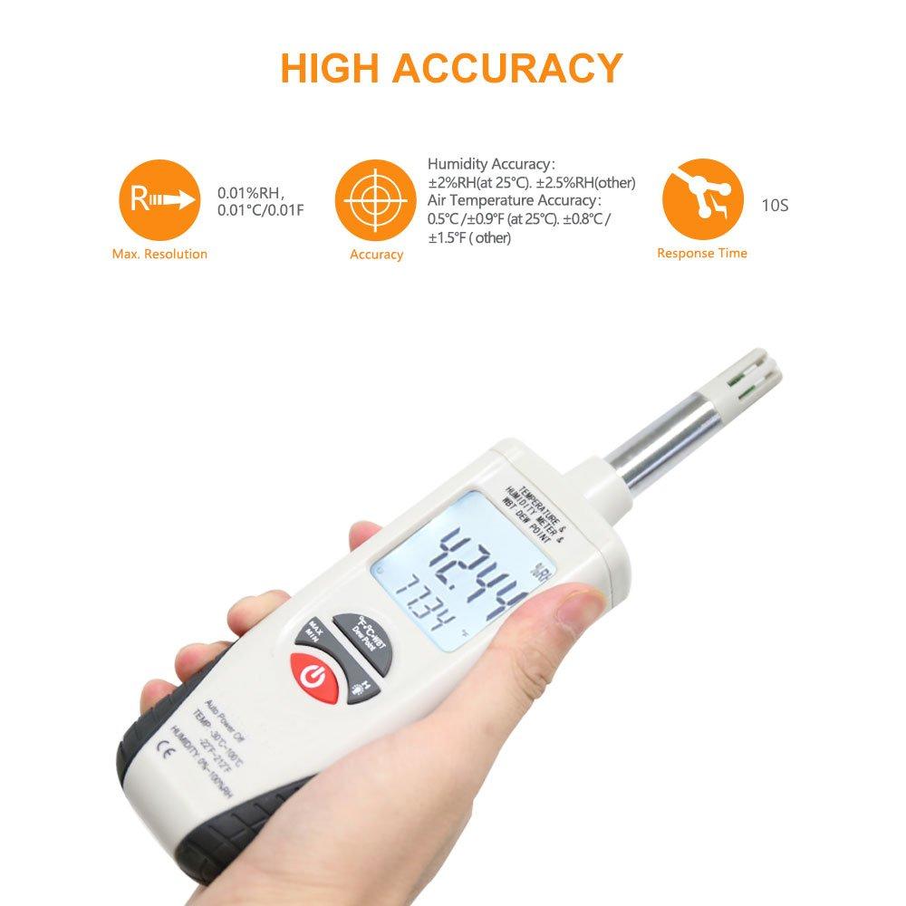 Handheld Digital Humidity Temperature Meter with Dew Point and Wet Bulb Temperature, Dual Display Temperature & Humidity