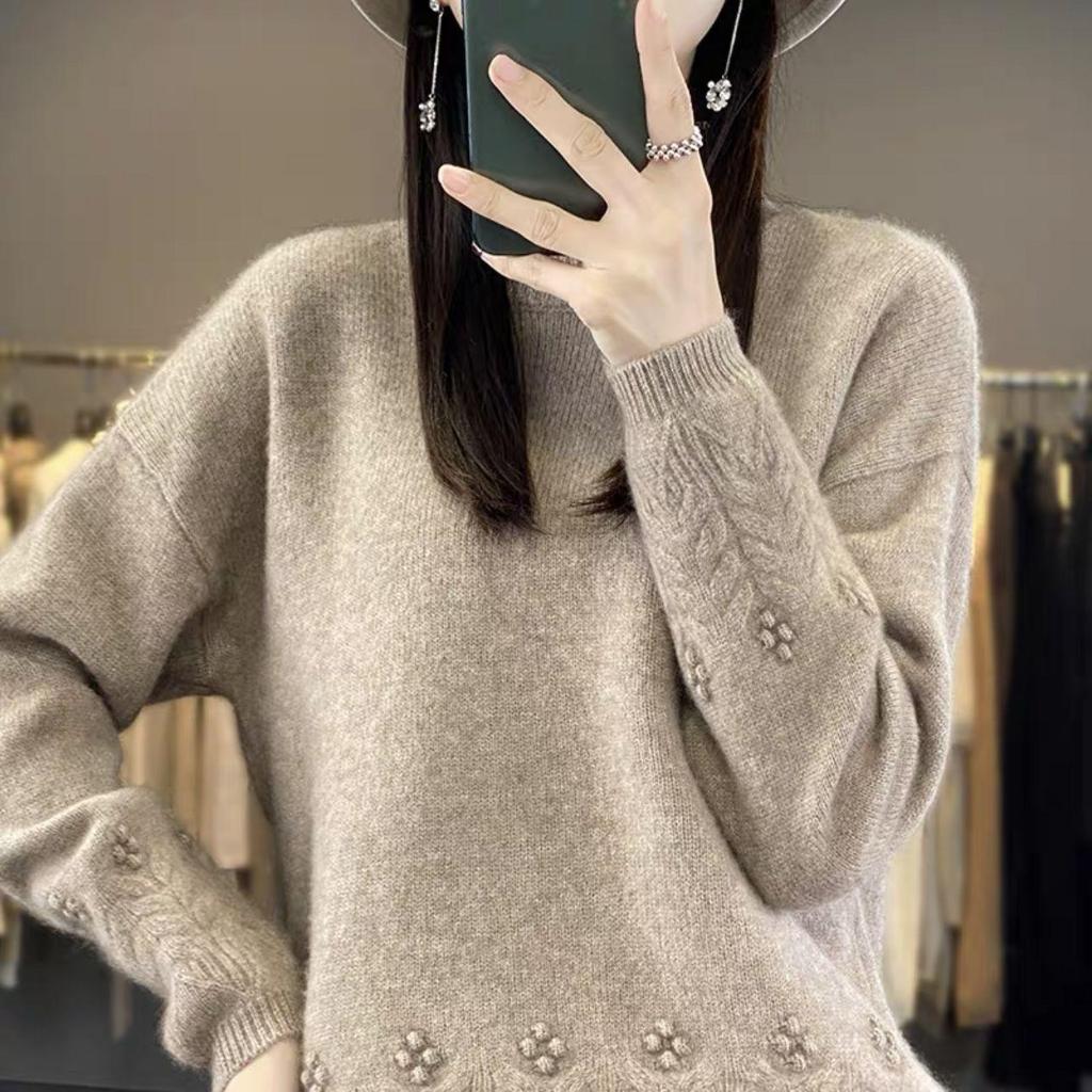 Rundhalspullover für Damen im Herbst und Winter, einfarbig, lockerer Jacquard-Pullover und Pullover mit weicher, klebriger Strickbasis