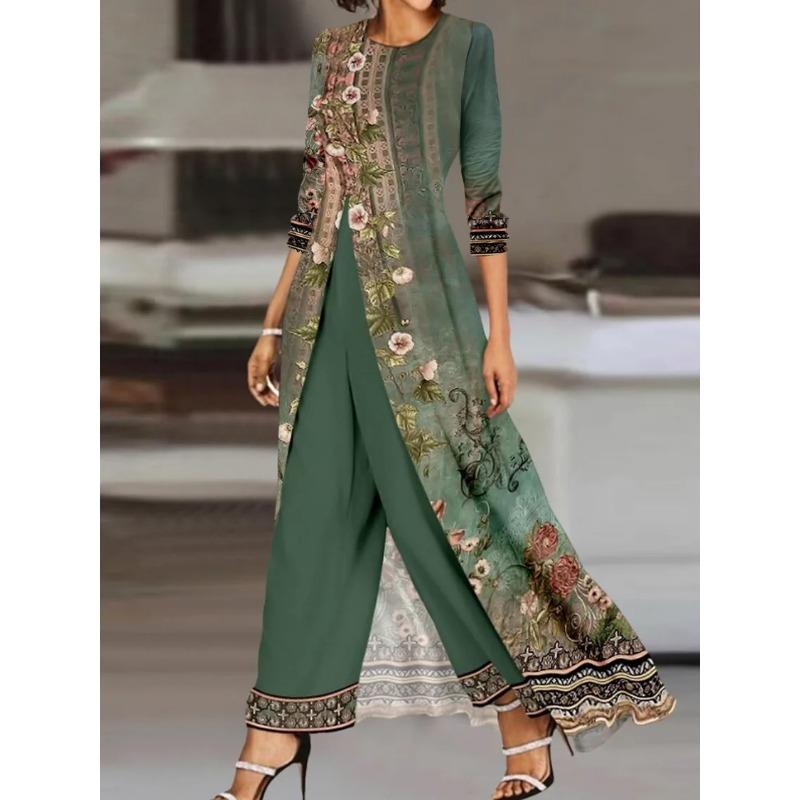 Women's Vintage Floral Print Round Neck 3/4 Sleeve Long Tunic Top & Wide Leg Pants 2-Piece Casual Set