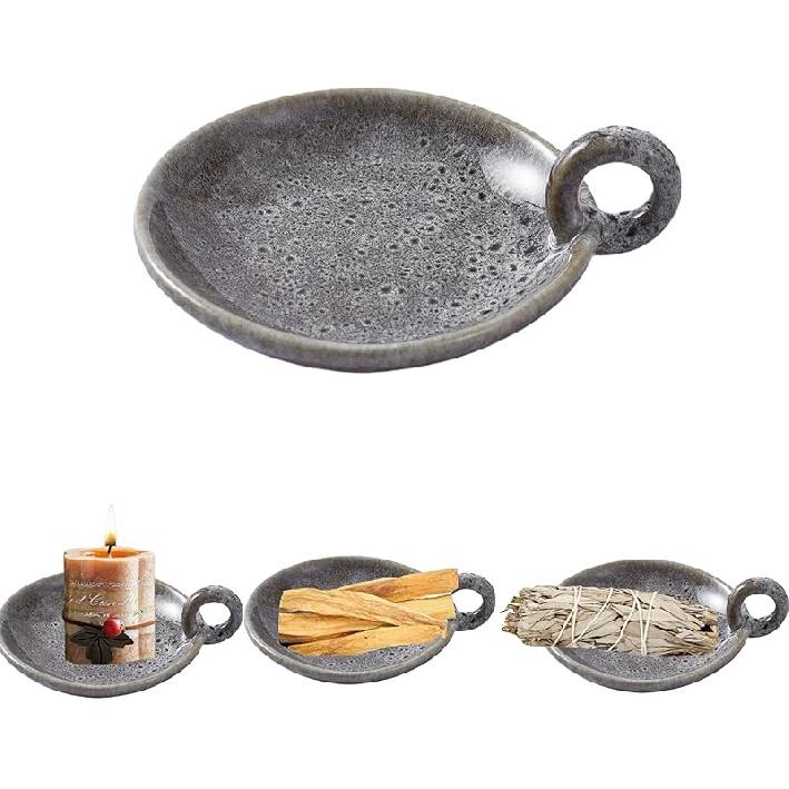 1pack Vintage Ceramic Candle Holders with Handle, Round Farmhouse Ceramic Plate Tray,Sage Holder for Burning,Incense Holder for Meditation Room Home