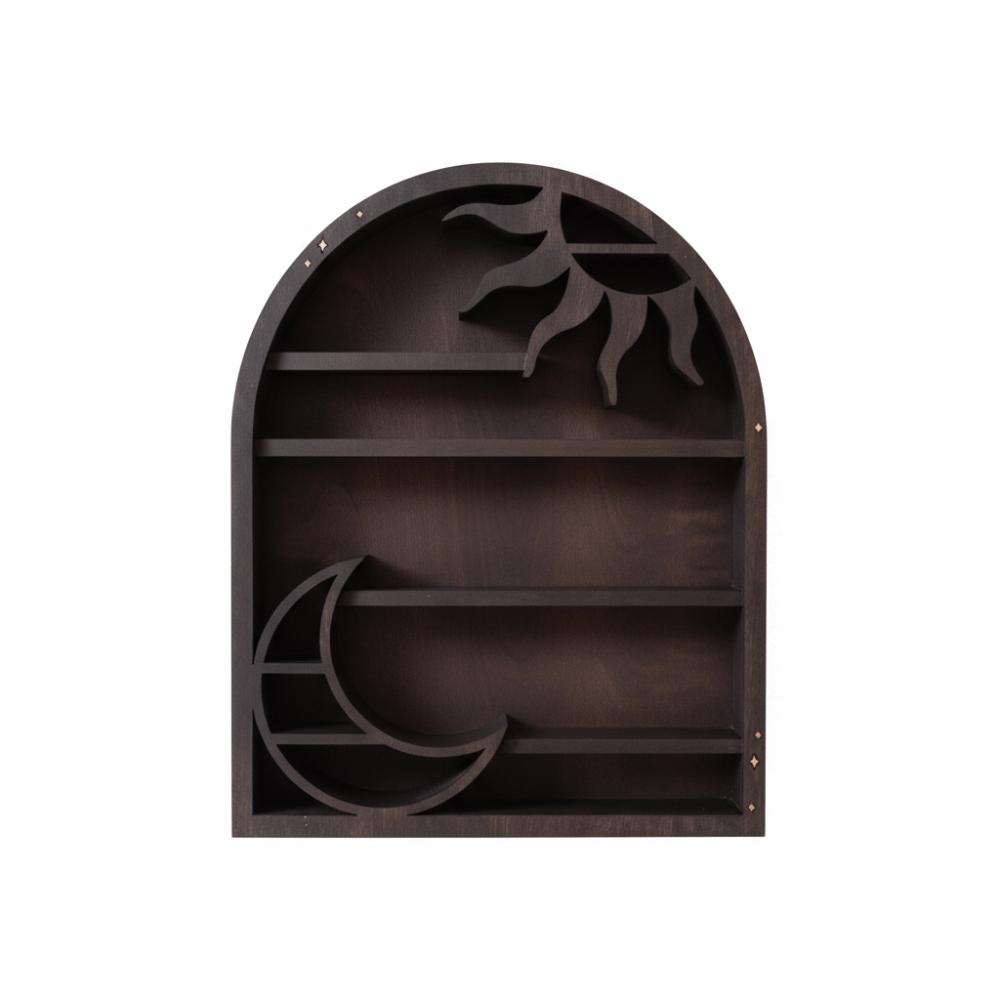 Wooden Material Wood Storage Shelf Moon Design Bohemian Style Crystal Shelf Crescent Sun Design Vintage Style Display Rack