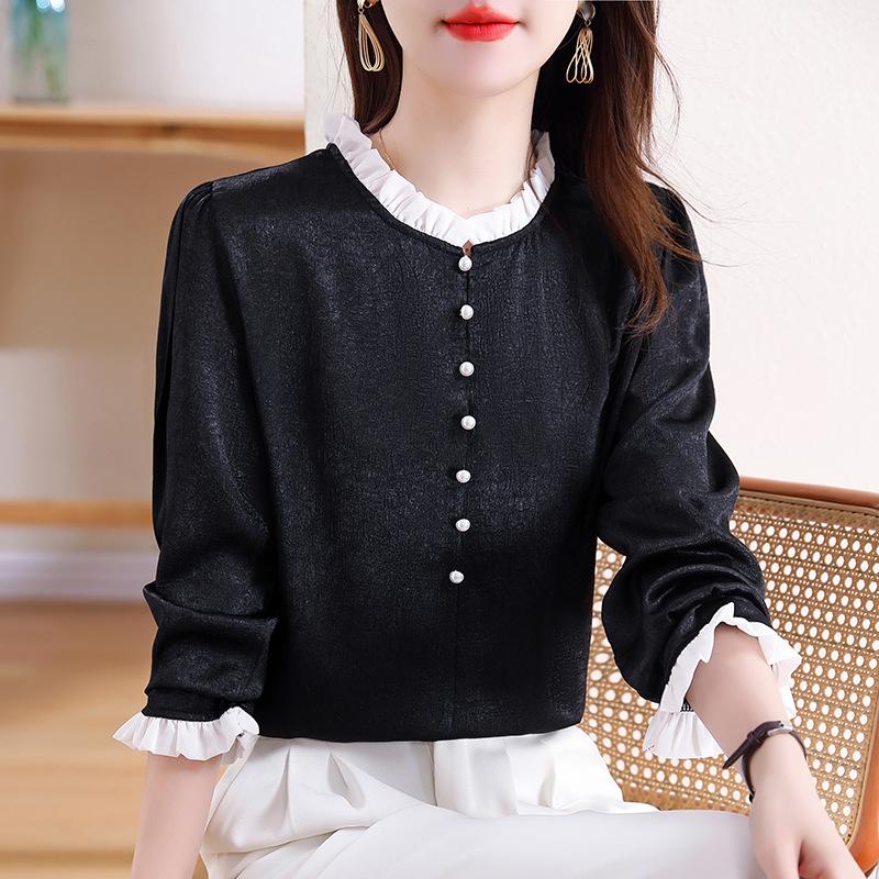 Beaded French Light Luxury Satin Shirt with Contrast Stitching - Spring 2025 Xiaoxiang Style Women's Top