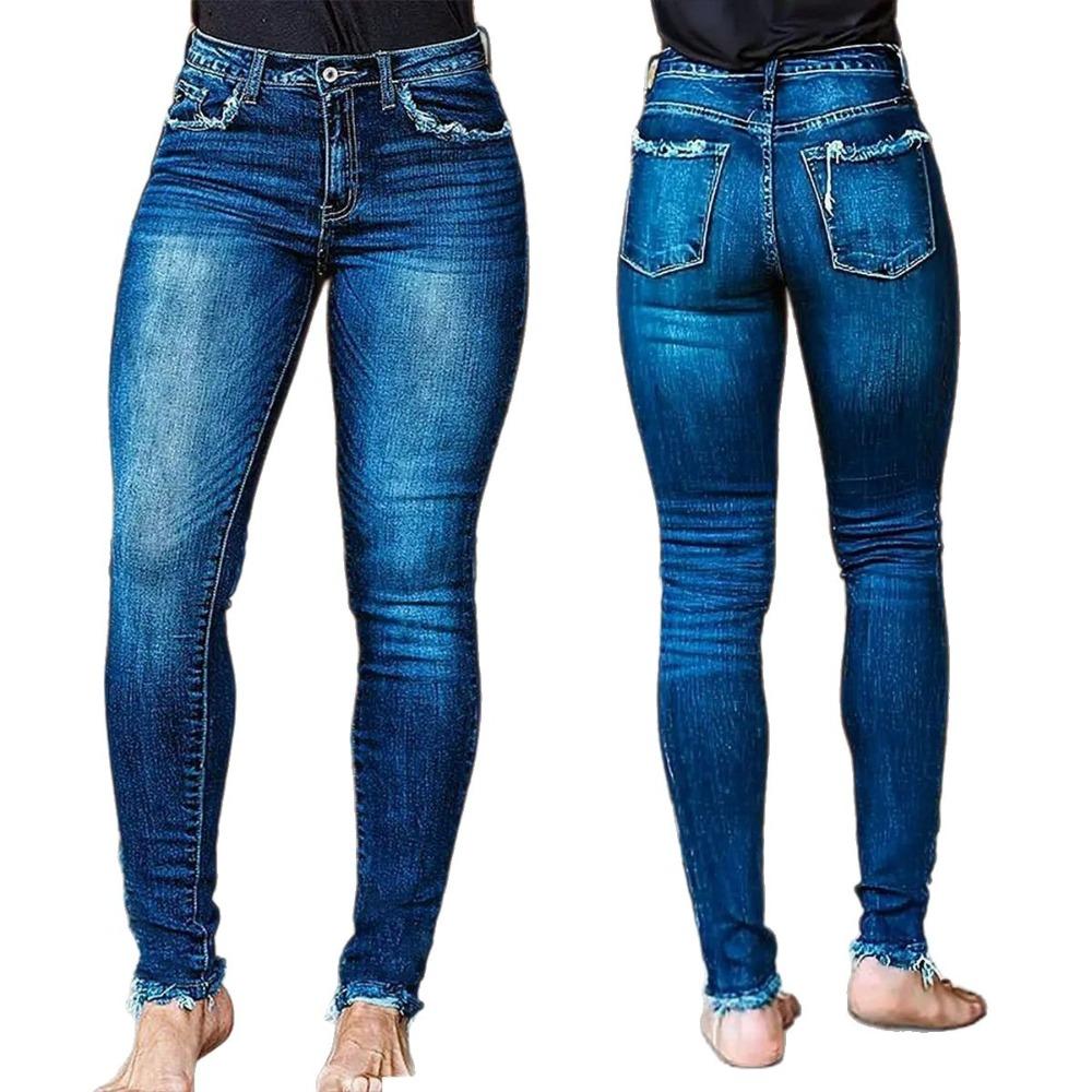 Women s Mid Rise Skinny Jeans High Stretch Cotton Spandex Washed Frayed Hem Streetwear Jeggings S