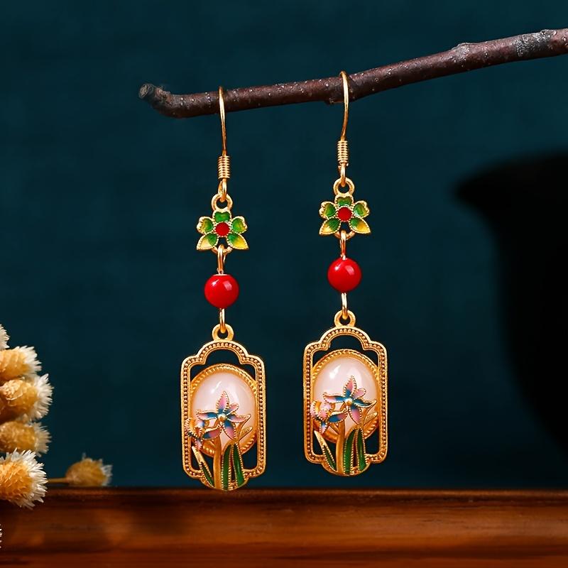 1 Pair Vintage Tribal Style 24K Golden Plated Copper Enamel Floral Dangle Earrings with Red Rose & Cherry Blossom Design, Glass Mosaic, 925 Sterling S