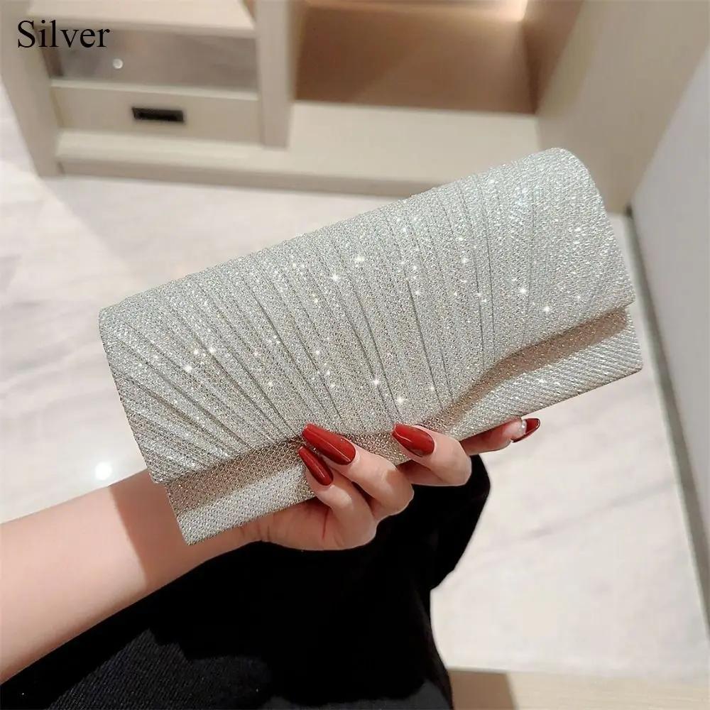 Elegant Sequins Evening Bags Gold Silver Satin Clutches Clutch Bag Banquet Fashion Chain Bags Gold Silver Clutch Bag