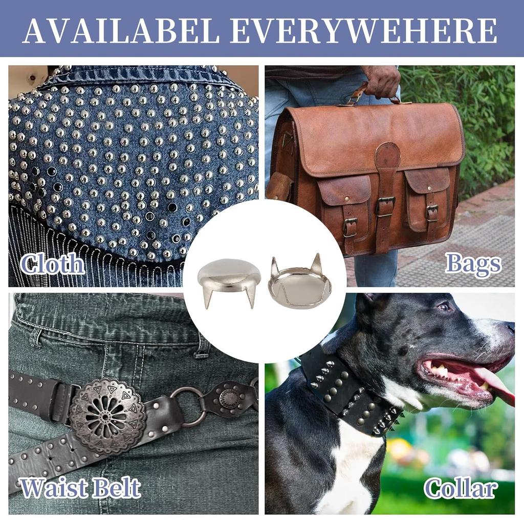 NICENEEDED 250 Pcs Round Dome Rivets, 10 Mm Claw Nailheads Spots Stud, Silver Head Spike Prong Nail Punk Rock Nailheads Claw Beads for DIY Clothes