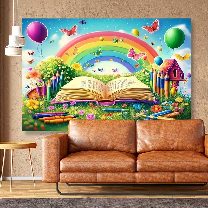 Rainbow Book & Crayons Kids Tapestry, Colorful Butterfly Floral Wall Hanging