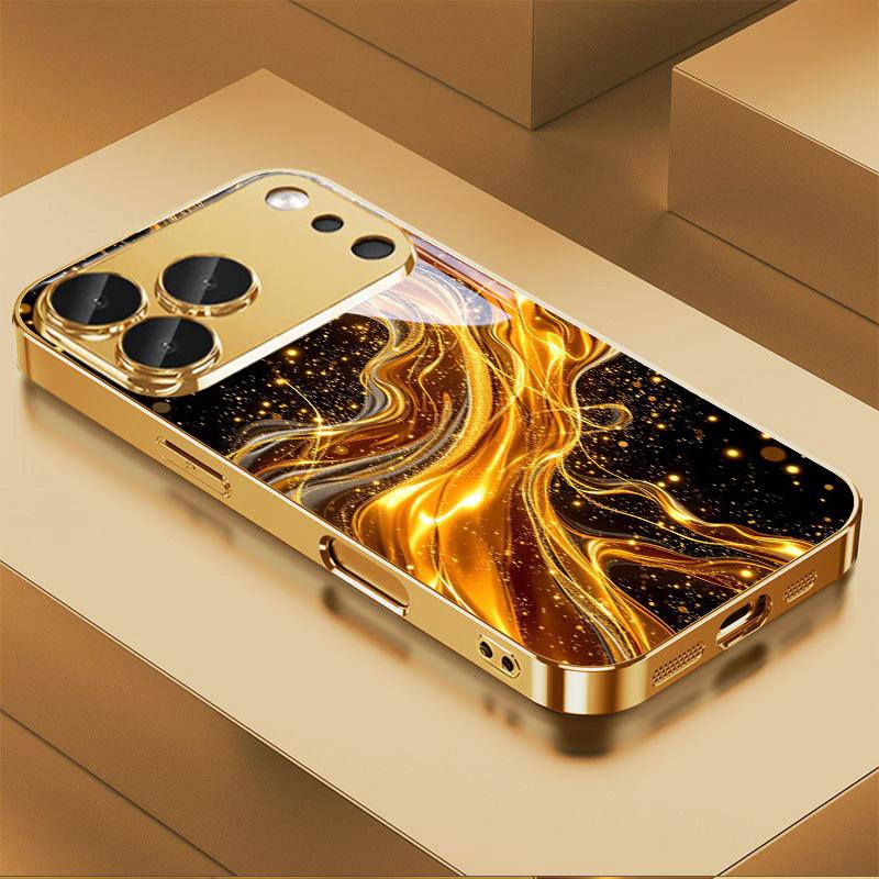Funda de teléfono premium de cristal galvanizado para iPhone 17, 16, 15, 14, 13, 12, 11pm Pro Plus. Diseño de meteorito y luna dorados.