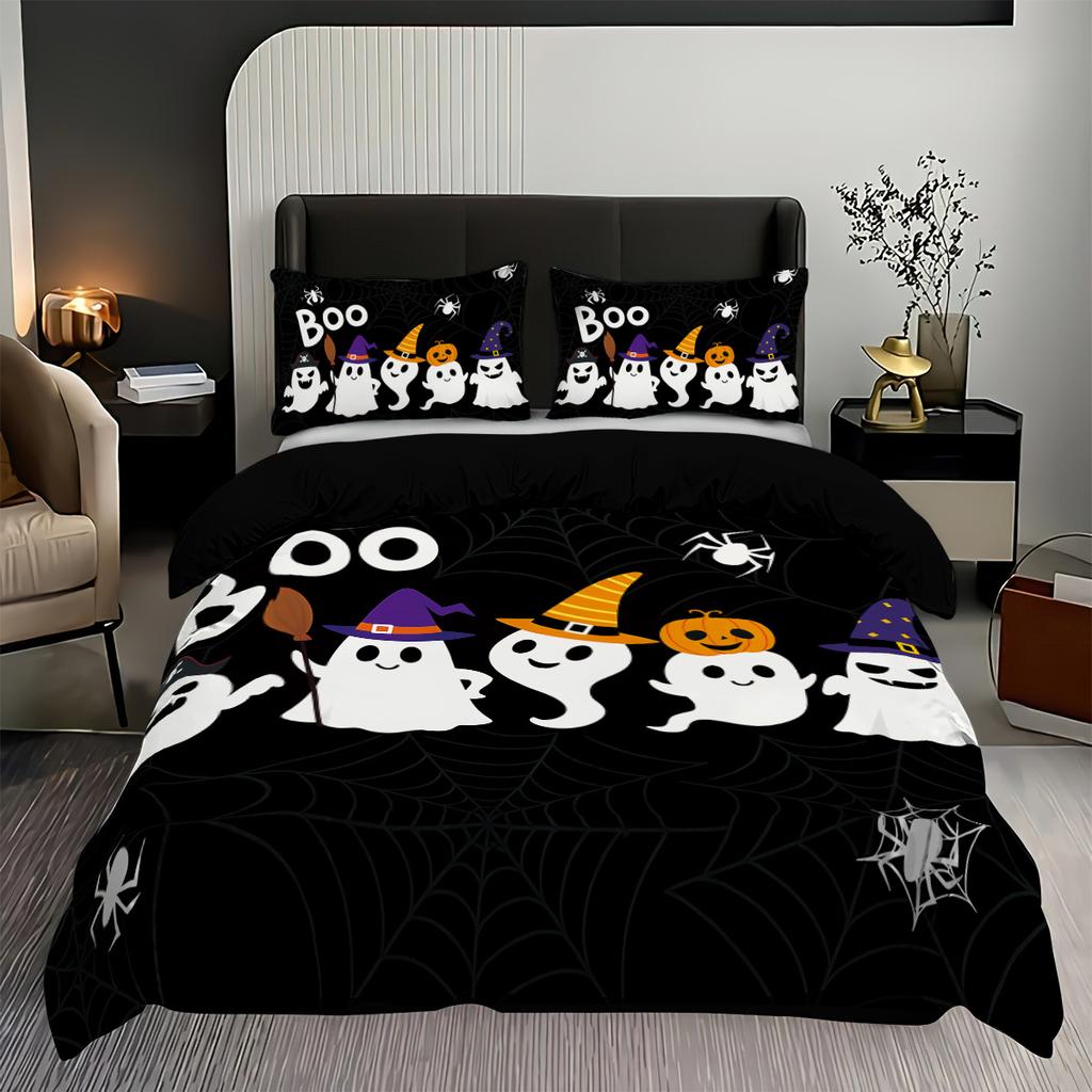 3-piece Halloween themed black cute ghost pumpkin pattern duvet cover set, 1 duvet cover+2 pillowcases, coreless