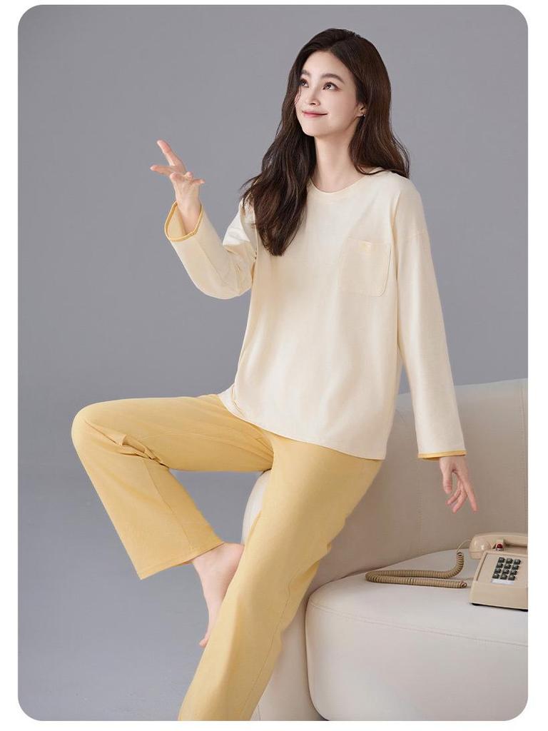 Women's Pure Cotton Pajamas with Chest Pad - Long Sleeve, Plus Size, for Autumn/Winter. Wearable Outdoors, Loose Fit Homewear.