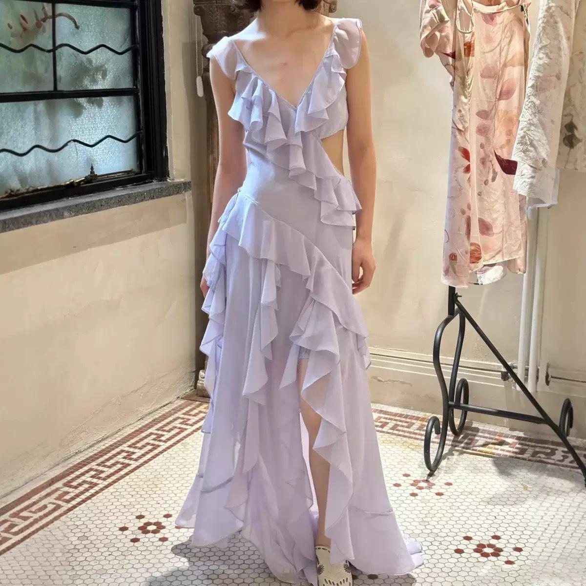 New Romantic Purple V-Neck Ruffle Long Dress - In Stock Small фиолетовый