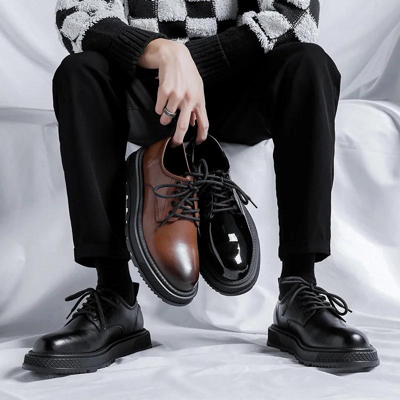 Fashion Black British Style Thick Bottom Round Toe Patent Leather Shoes Work Shoes Handmade Casual Formal Oxford Shoes Lace Up Men Shoes