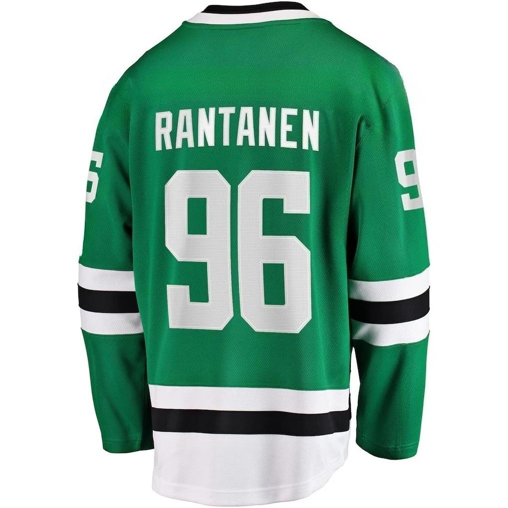 Dallas Stars Hockey Jersey Green with White & Black Accents "Rantanen 96" Star "D" Logo Jersey Breathable Sports Tshirt Long Sleeve V-neck Tops